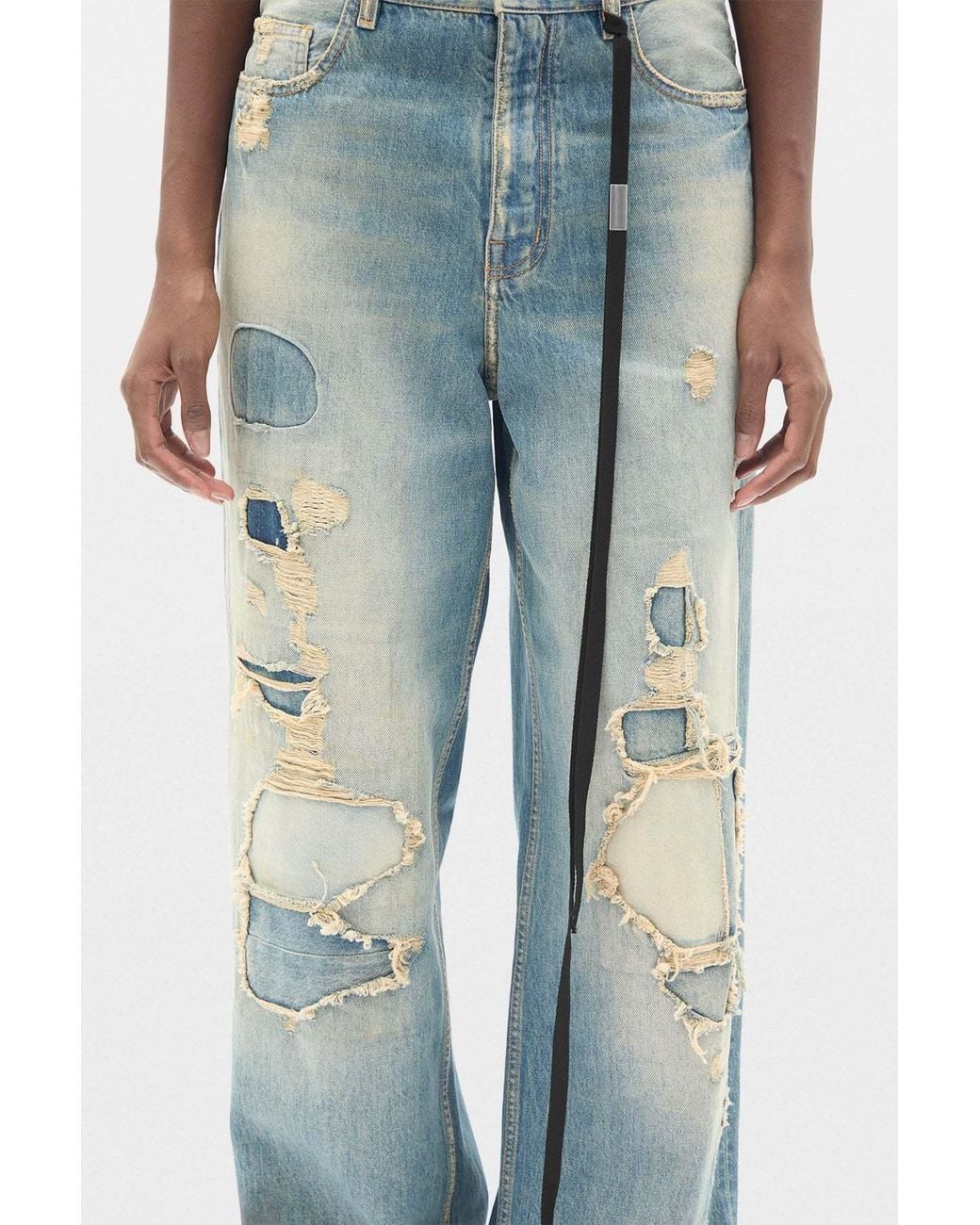 Ann Demeulemeester Blue Distressed Script-Print Jeans