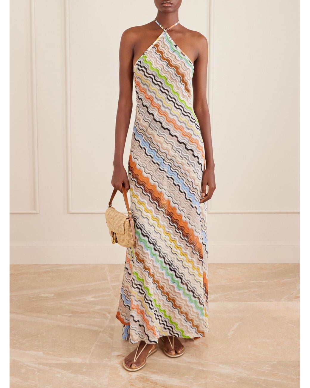 Missoni White Striped Crochet-Knit Halterneck Maxi Dress