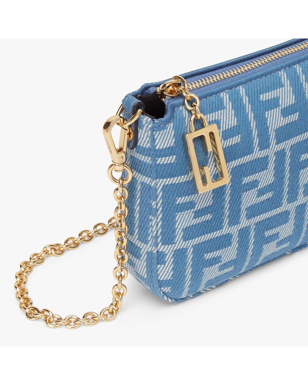 Fendi Denim-Effect Ff Jacquard Charm Pouch With Chain in