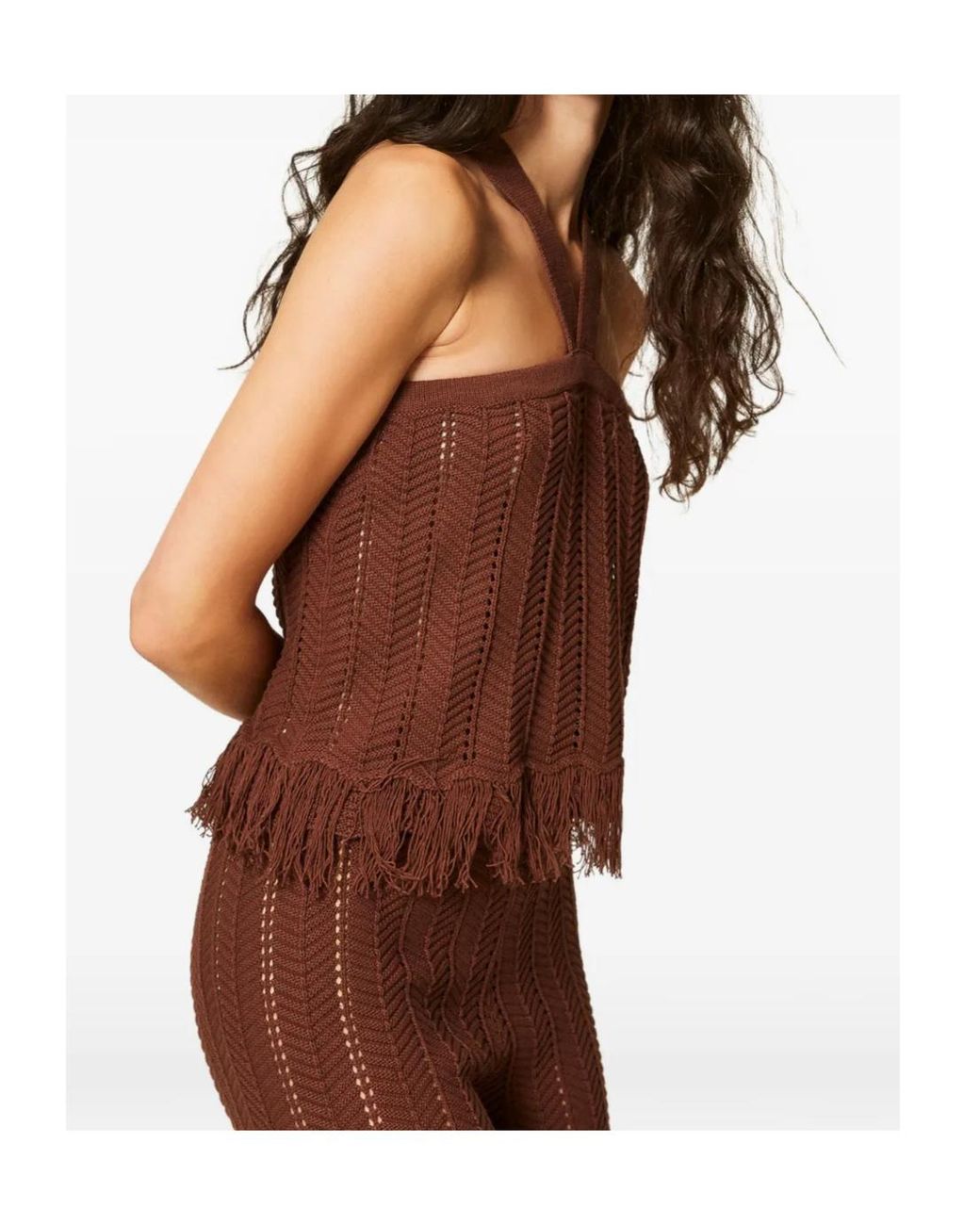 Twinset Brown Fringed Knitted Top