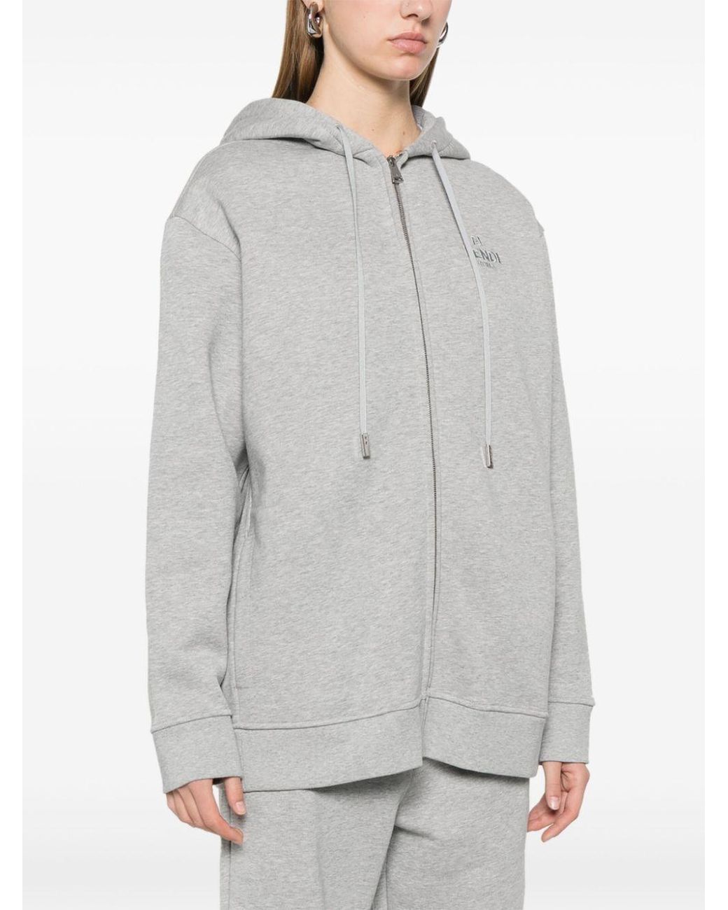 Fendi Gray Logo Embroidered Zip-Up Drawstring Hoodie