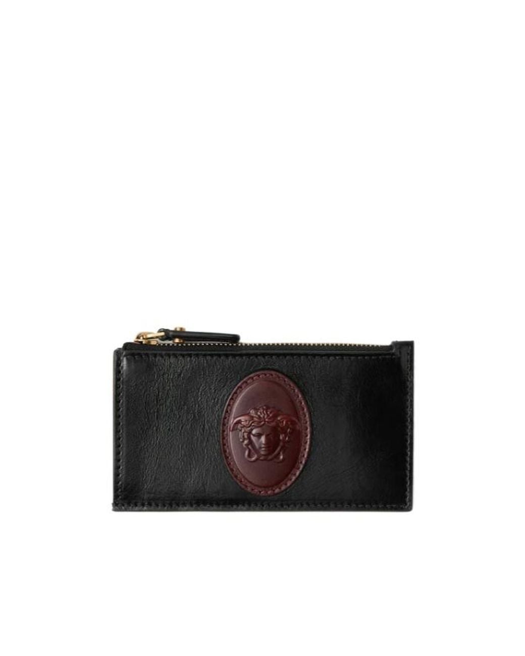 Versace Black Roomy Leather Zip Card Holder for men