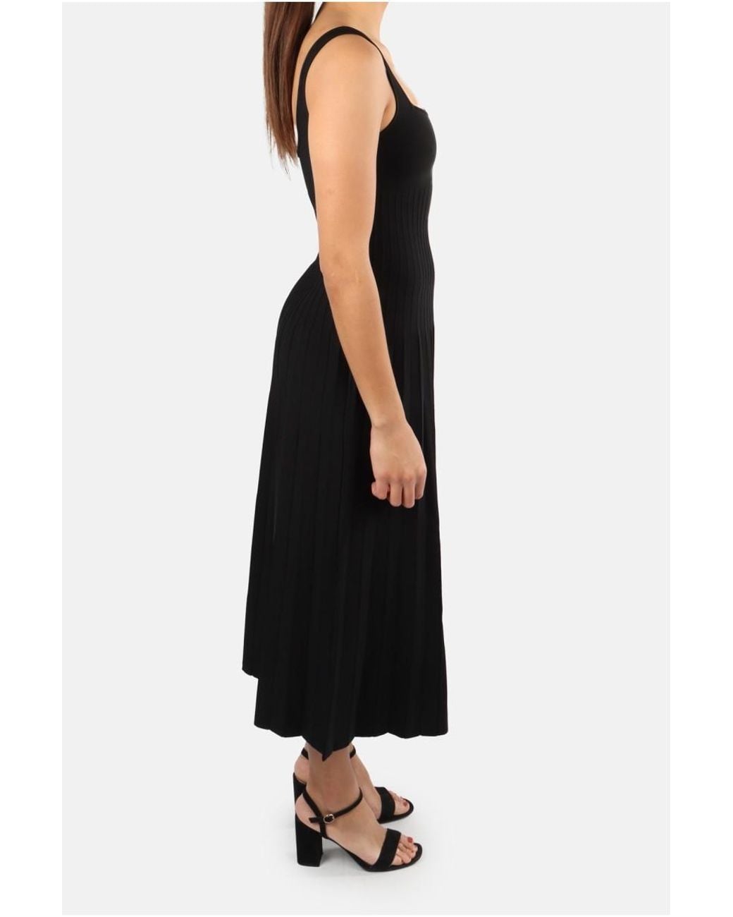 Staud Black Ellison Pleated Sleeveless Midi Dress