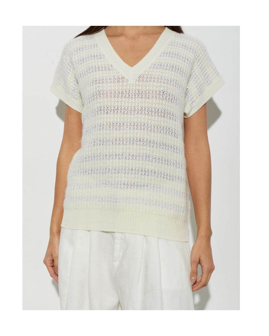 Fabiana Filippi White Open-Knit Sequin Knitted Top
