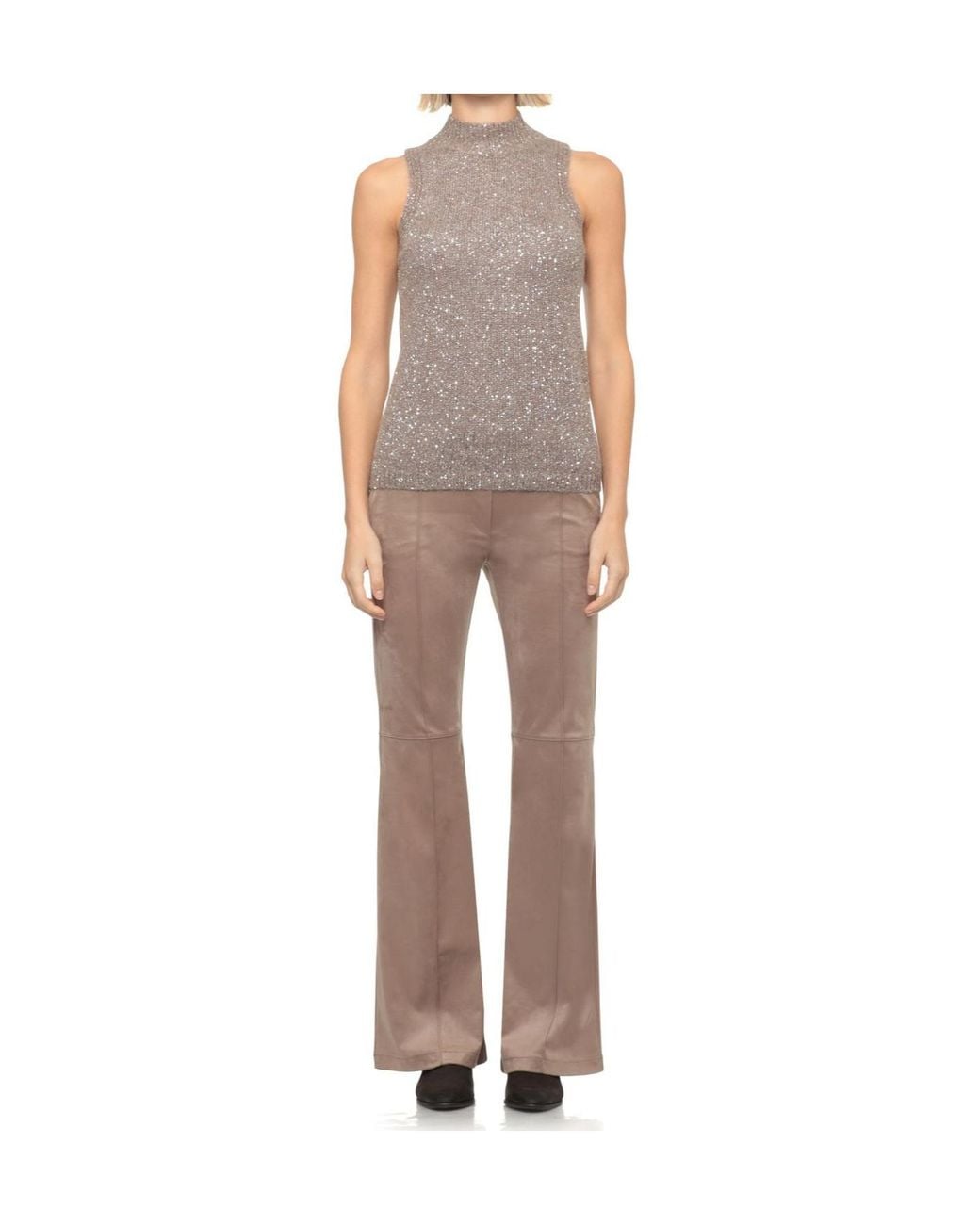 D.exterior Brown Sequined High Neck Knitted Top