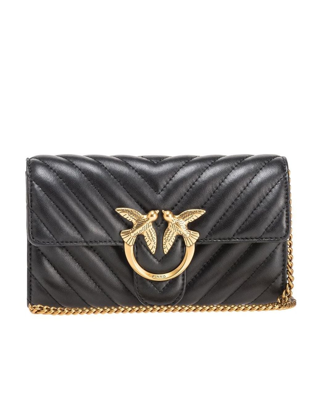 Pinko Black Logo Plaque Chain-Linked Quilted Shoulder Bag
