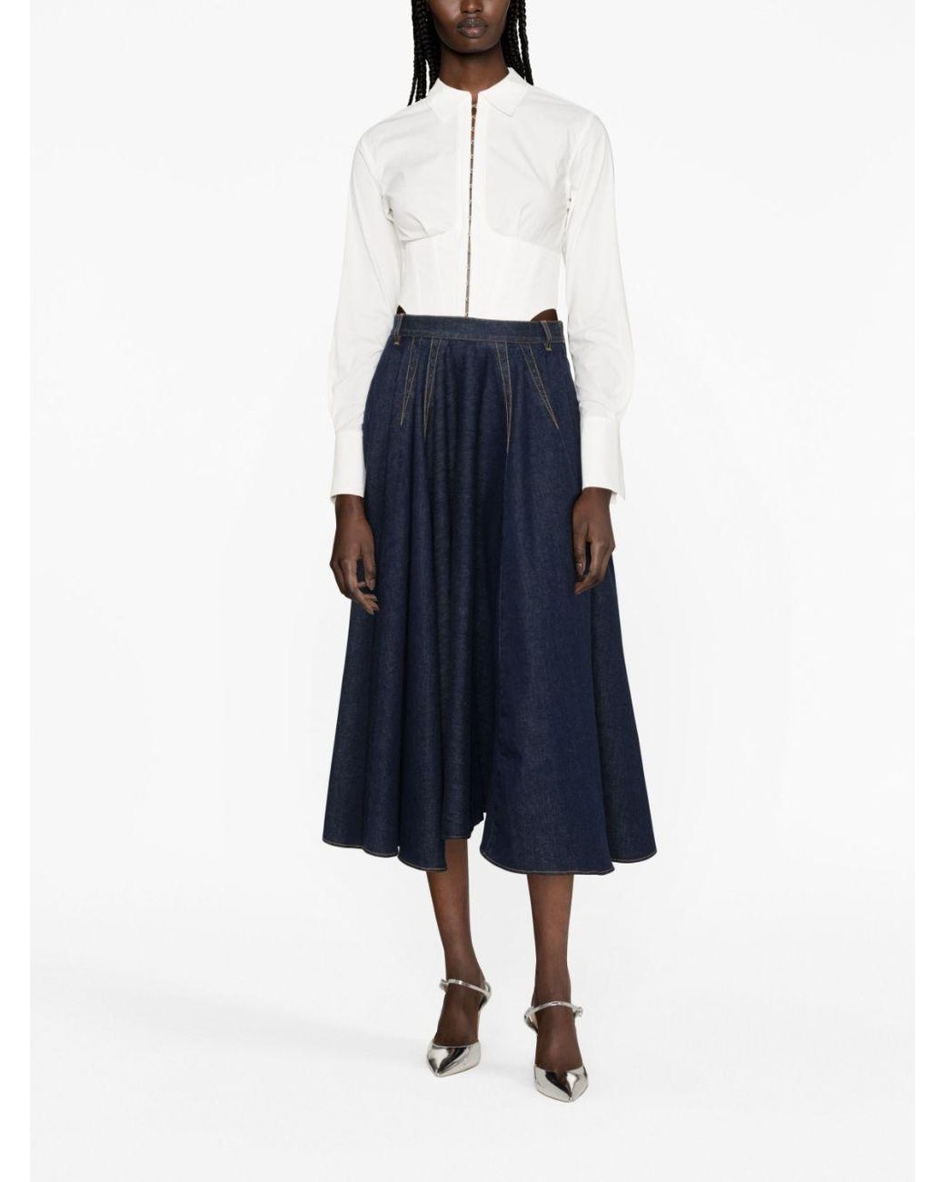 Alaïa Blue Alaïa Pleat Detailed Denim Midi Skirt