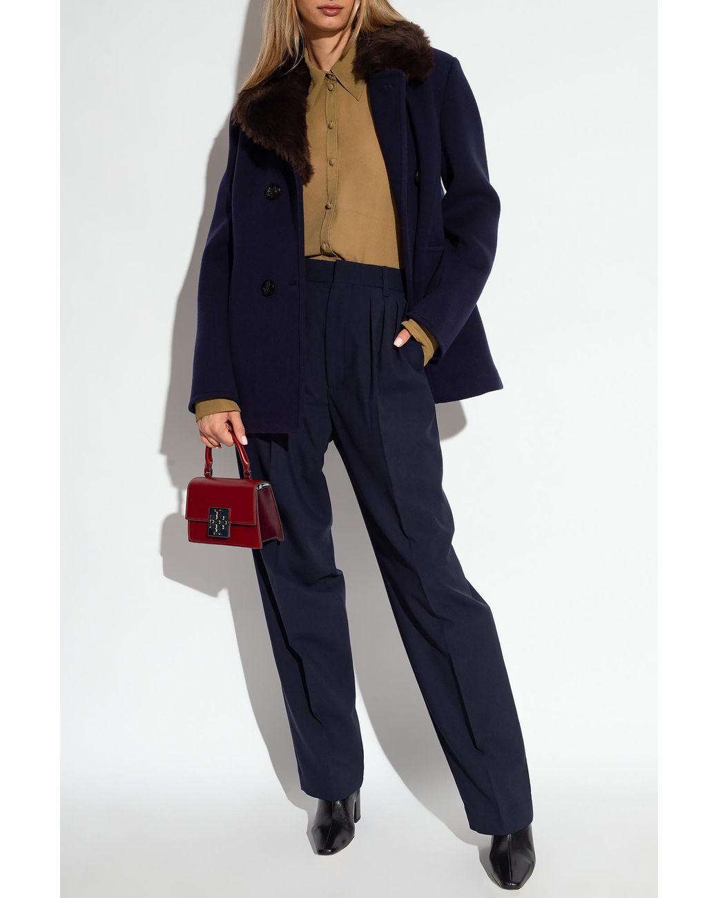 Tory Burch Blue Notched-Lapels Shearling Jacket