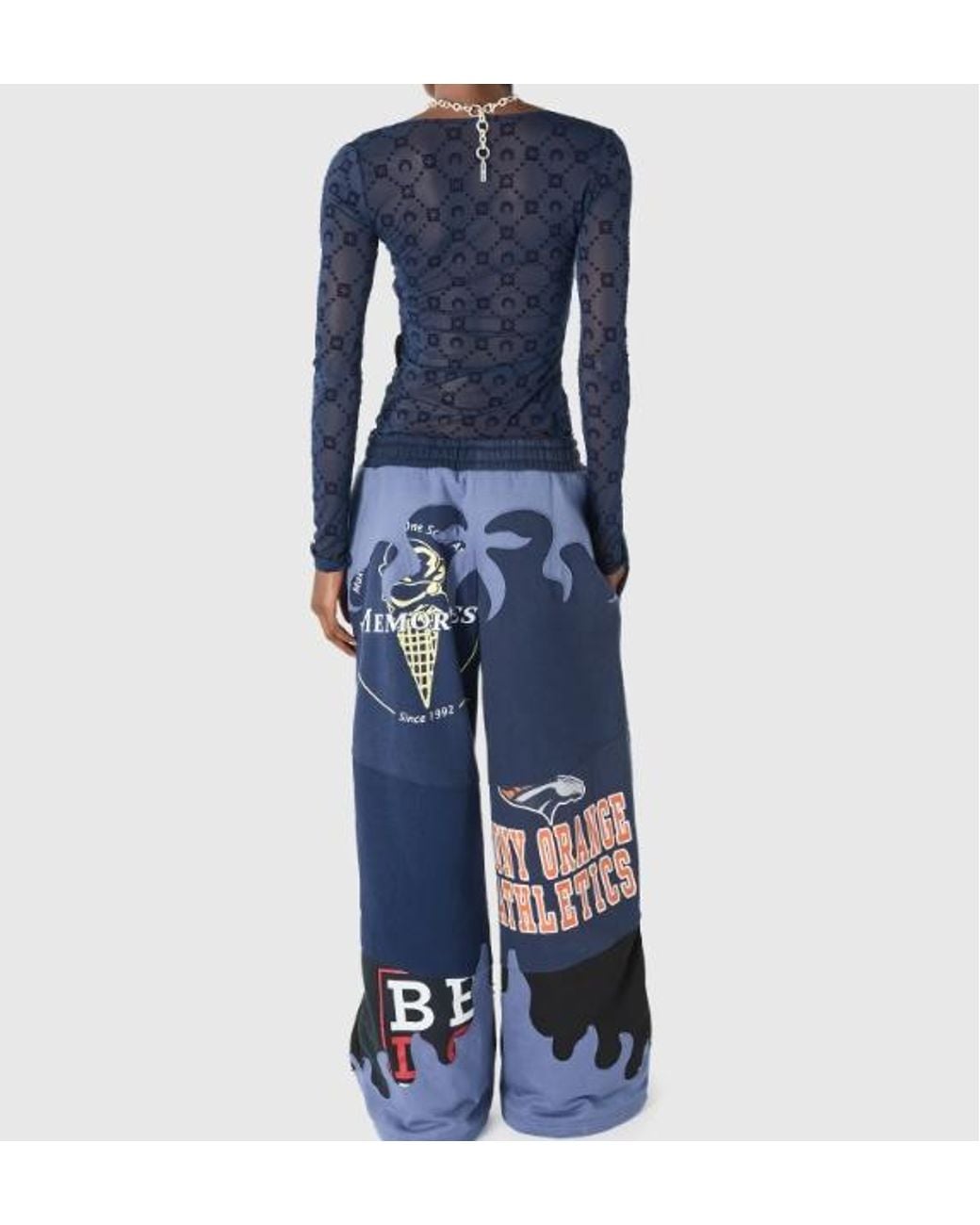 MARINE SERRE Blue Moonogram Mesh Flock Long Sleeves Roundneck Top