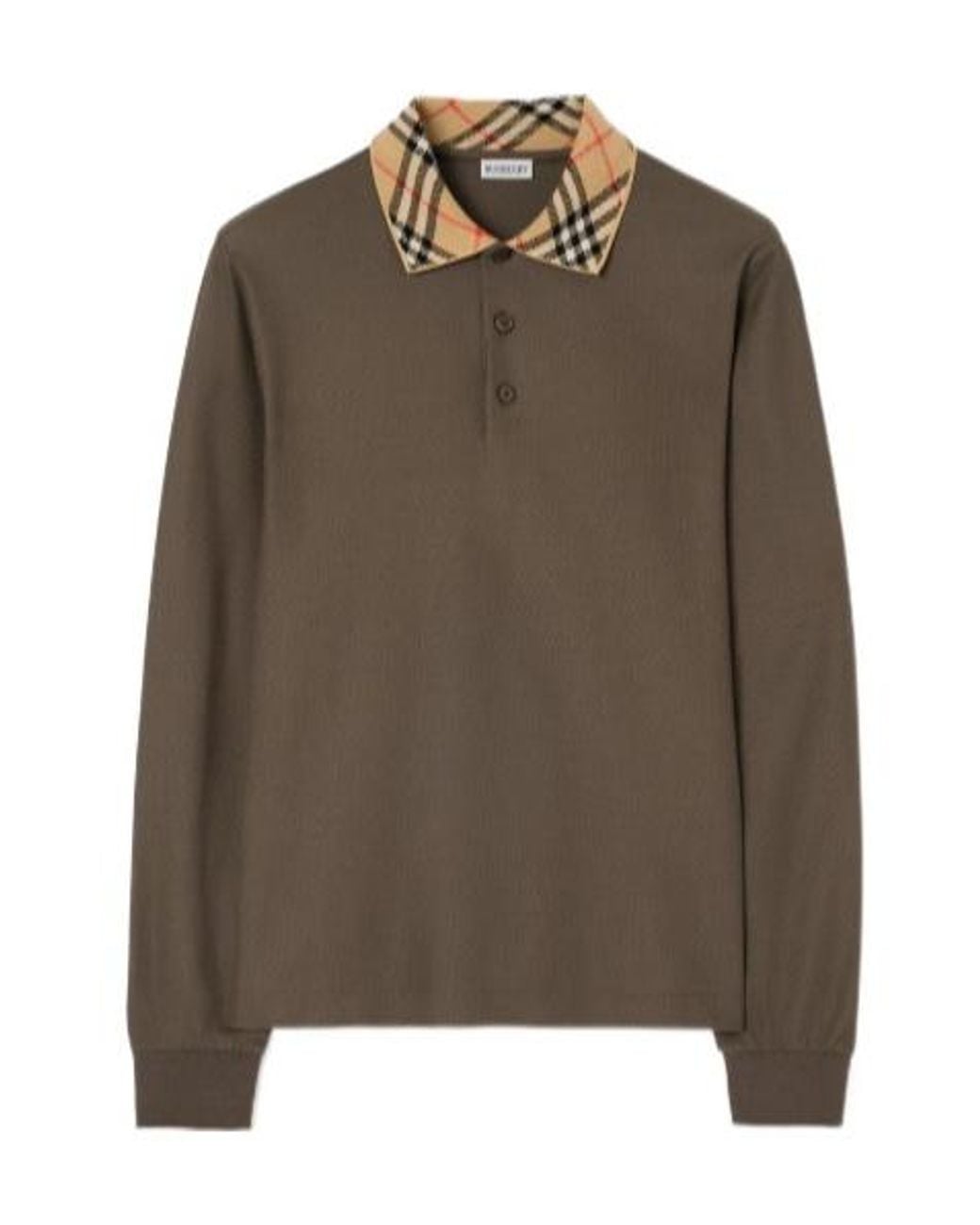 Burberry Brown Long-Sleeve Check Collar Cotton Polo Shirt for men