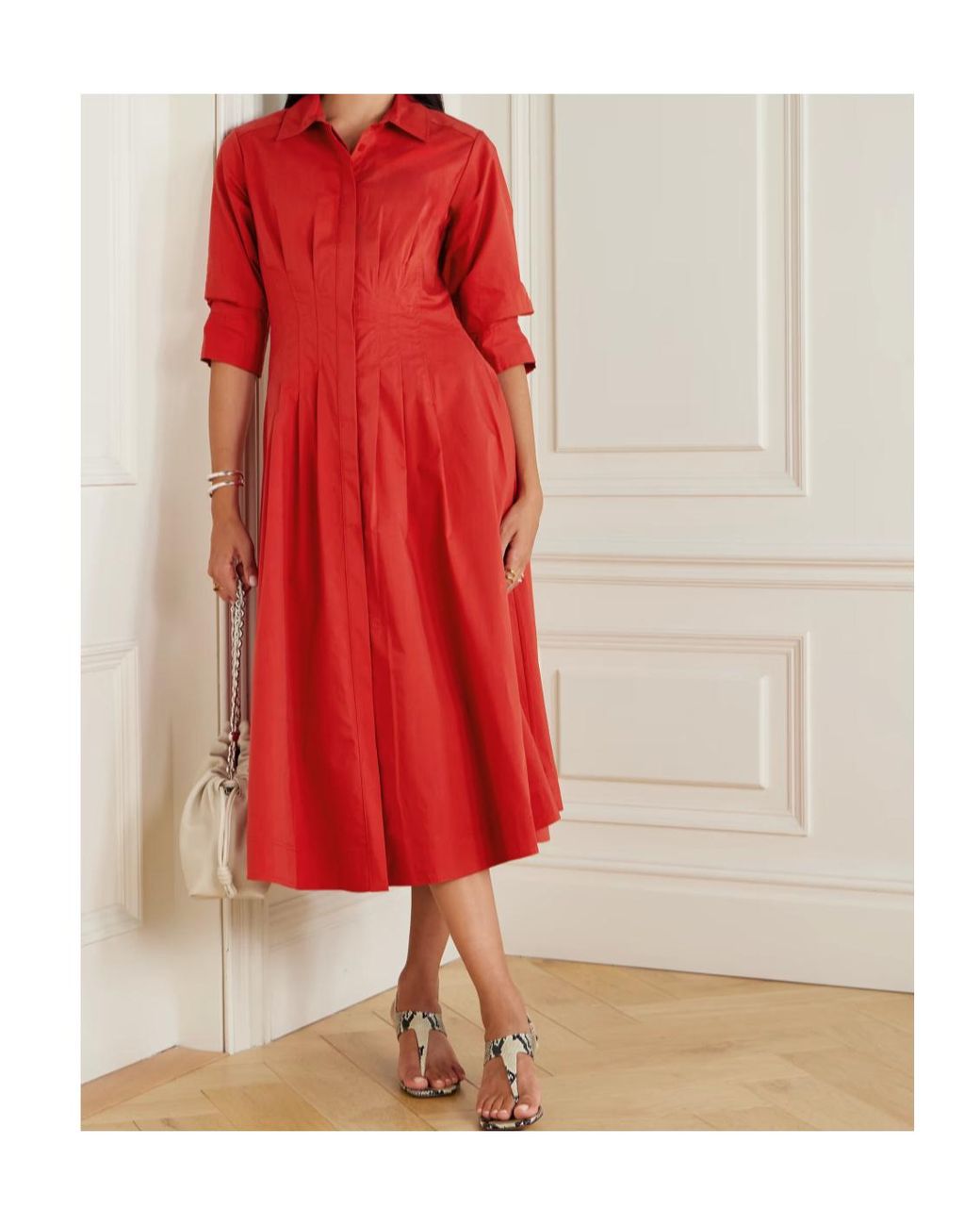 Jonathan Simkhai Red Jazz Pleated Cotton-Blend Poplin Midi Shirt Dress
