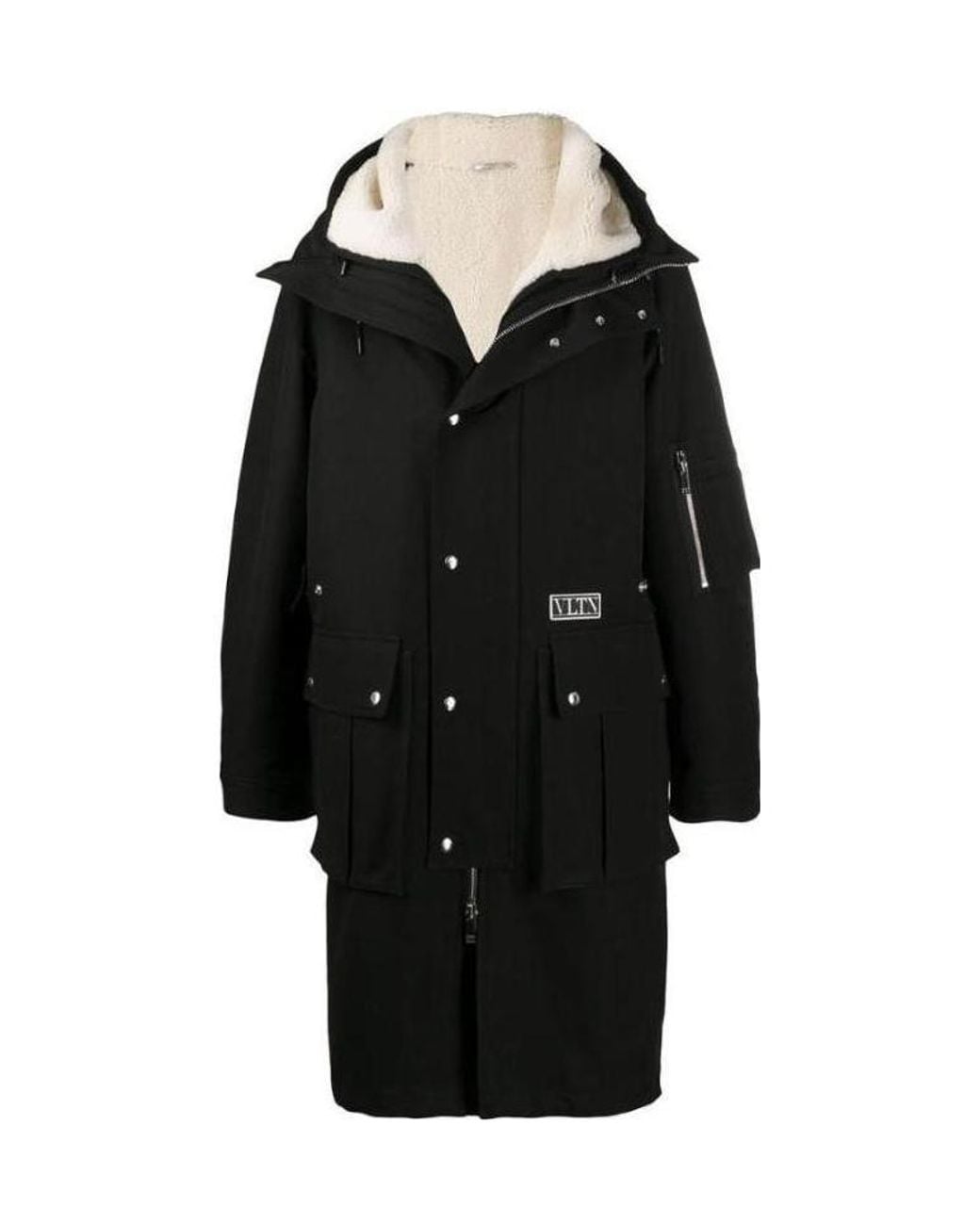 Valentino Black Drawstring-Hood Shearling Coat for men