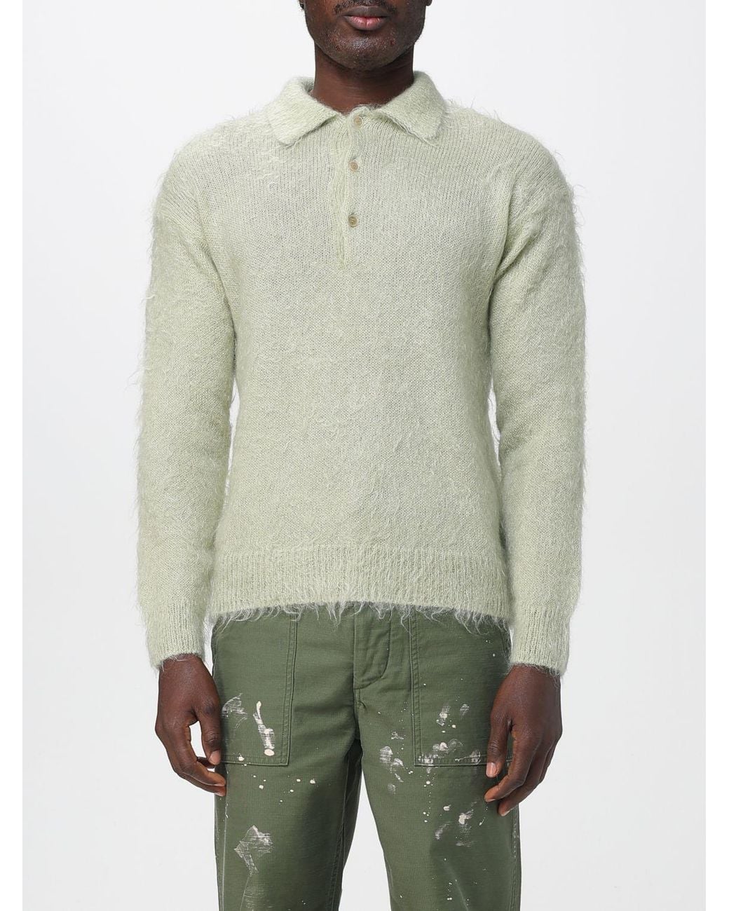 Auralee Green Long-Sleeved Brushed Polo Sweater for men