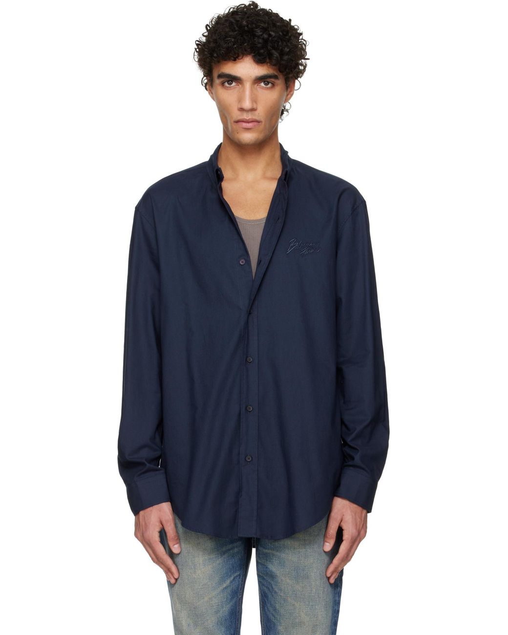 Balmain Blue Collared Long-Sleeve Poplin Shirt for men