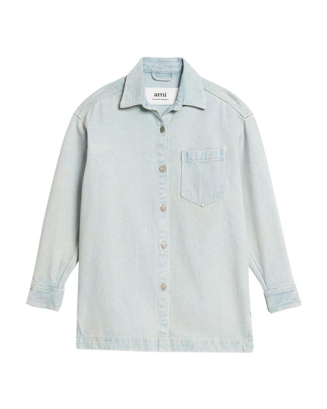 AMI Blue Logo-Print Denim Overshirt for men