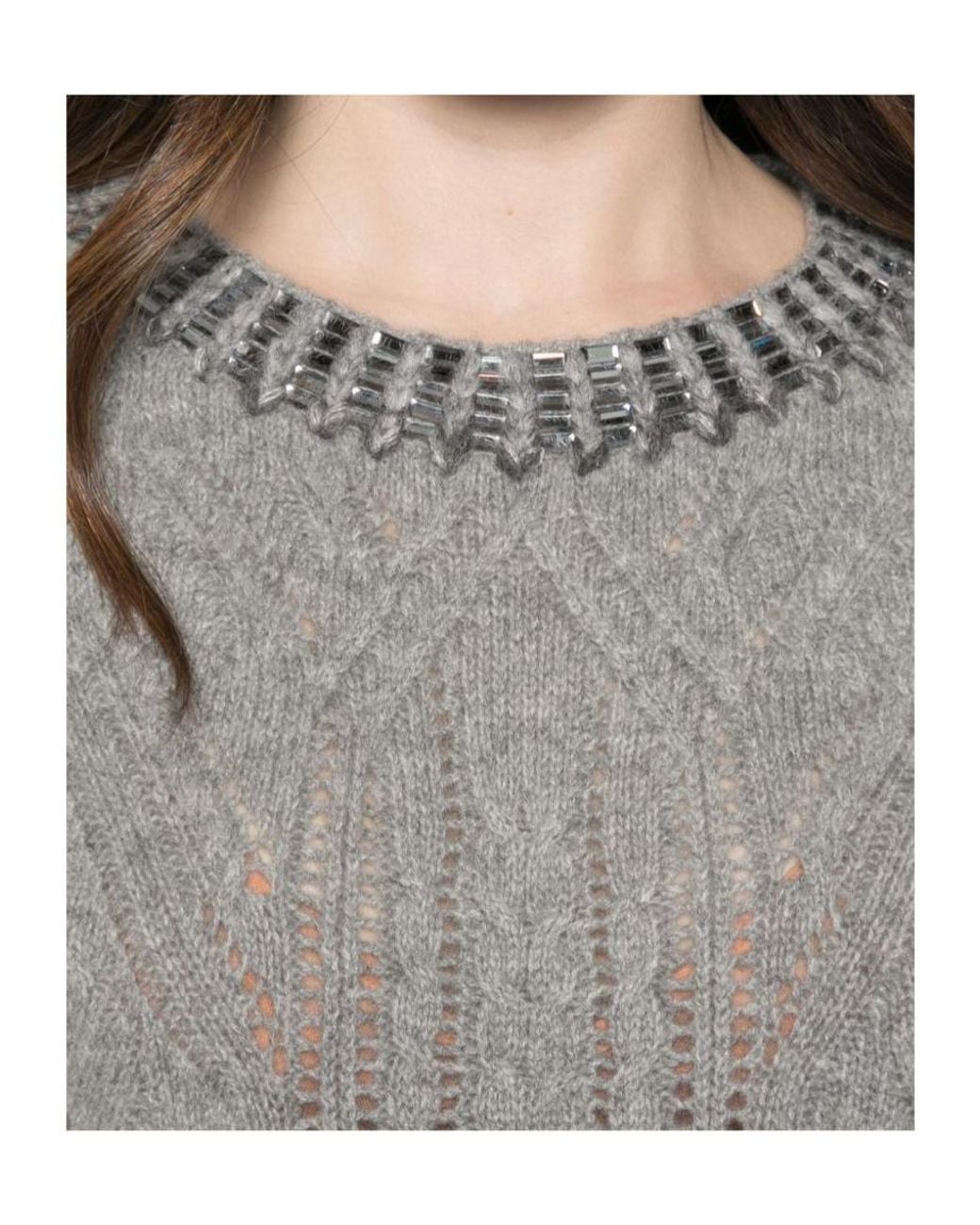 Ermanno Scervino Gray Crystal-Embellished Cable-Knit Cashmere Sweater