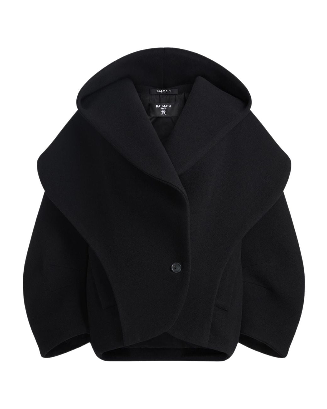 Balmain Black Oversized Wool Pea Coat With Hood