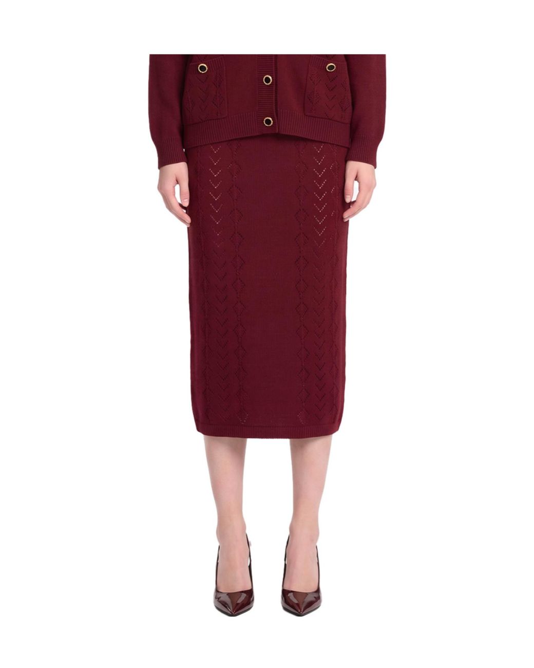 Alessandra Rich Red Lace-Knit Midi Skirt