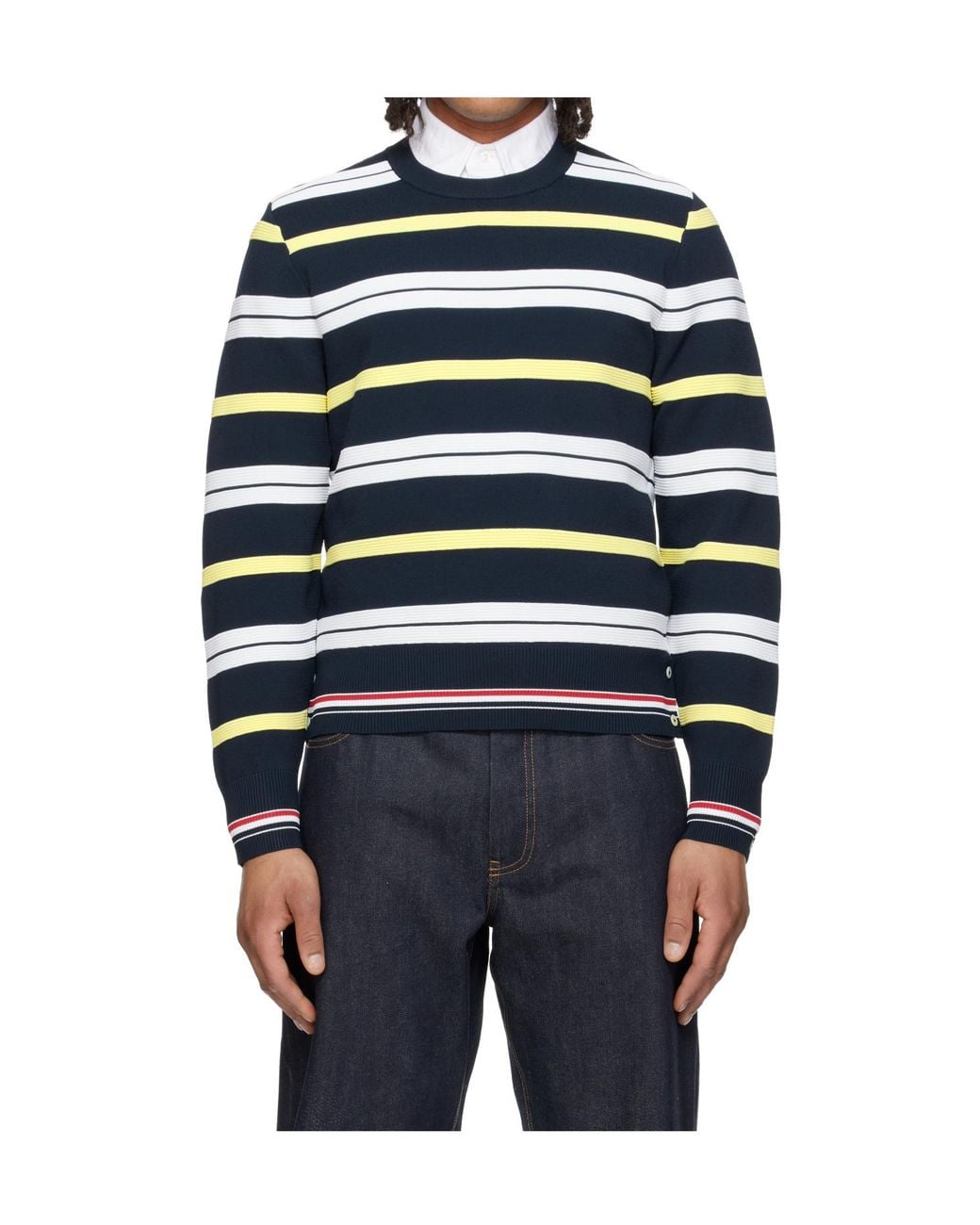 Thom Browne Blue Multicolored Striped Crew Neck Knit Sweater for men