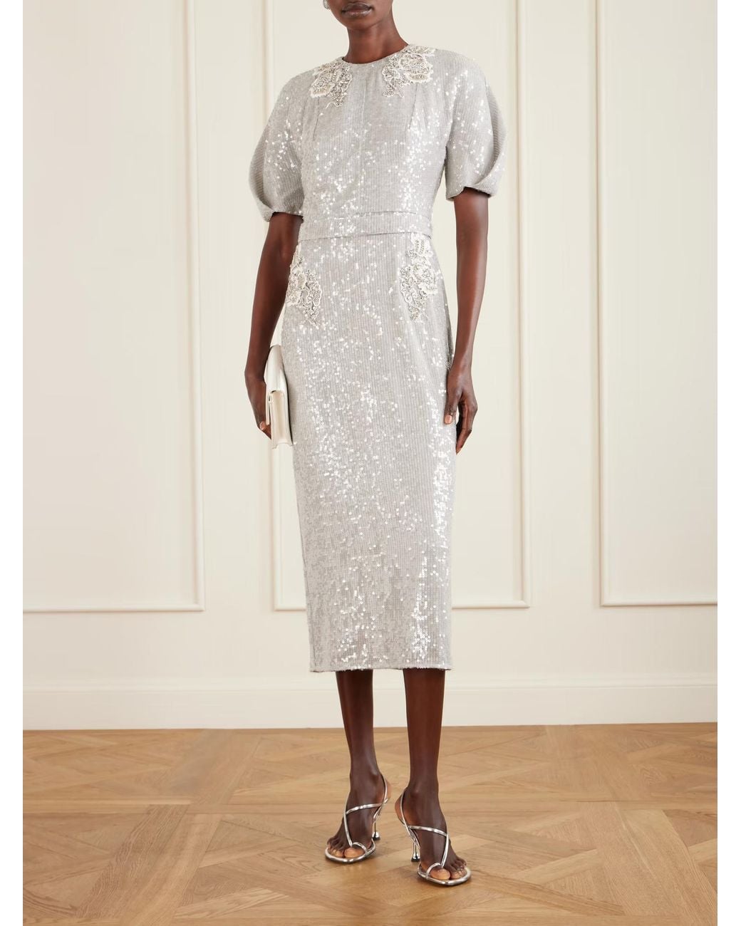 Erdem White Embellished Sequined Chiffon Midi Dress