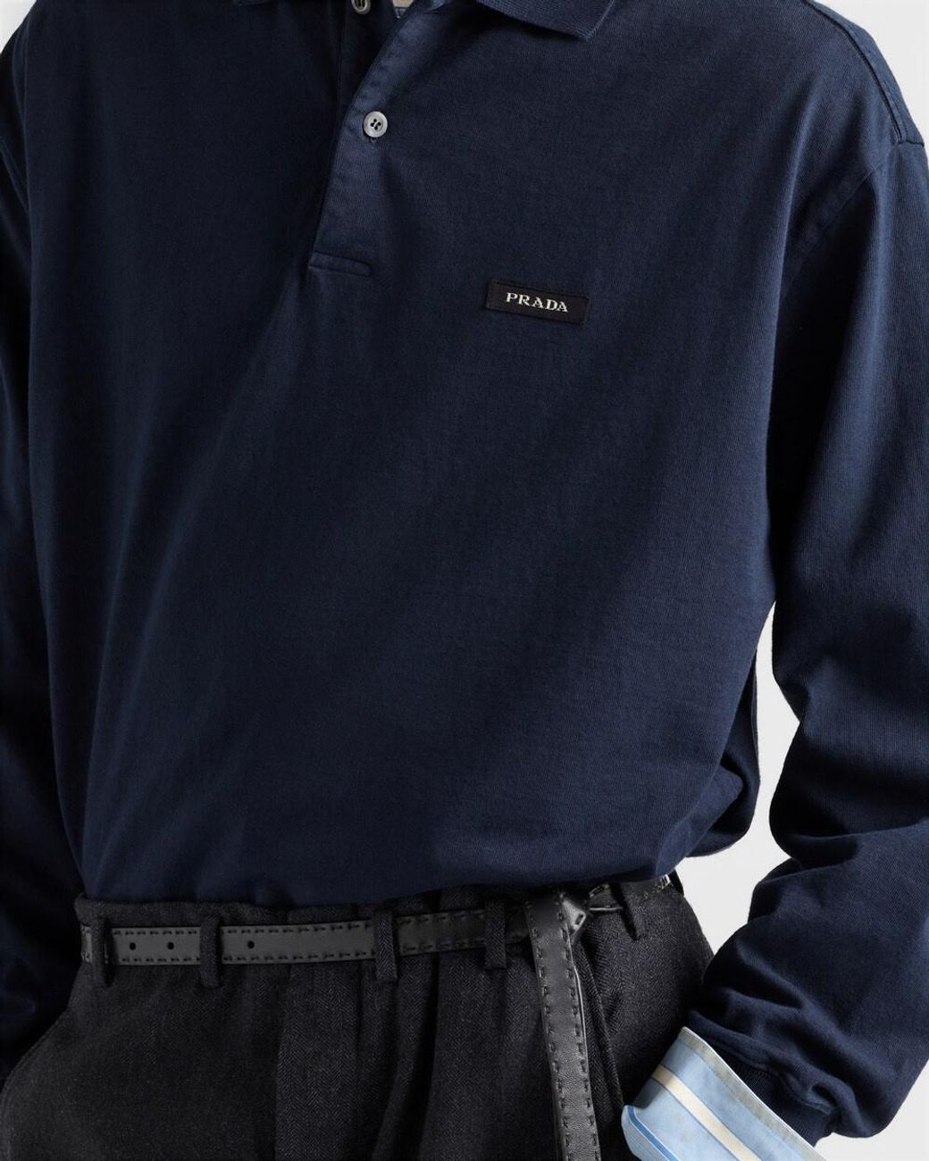 Prada Blue Logo Patch Long-Sleeve Polo Shirt for men
