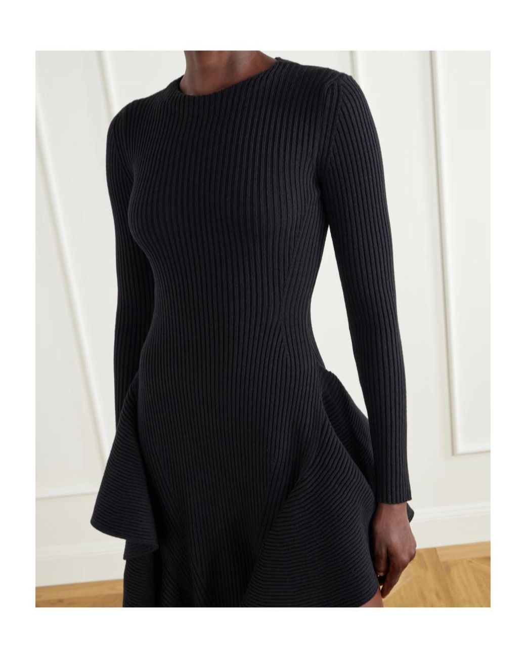 Alaïa Black Ruffled Ribbed Wool-Blend Midi Dress