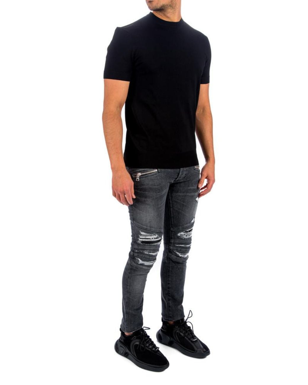 Balmain Gray Slim-Cut Ripped Cotton Jeans With Synthetic Leather Panels for men