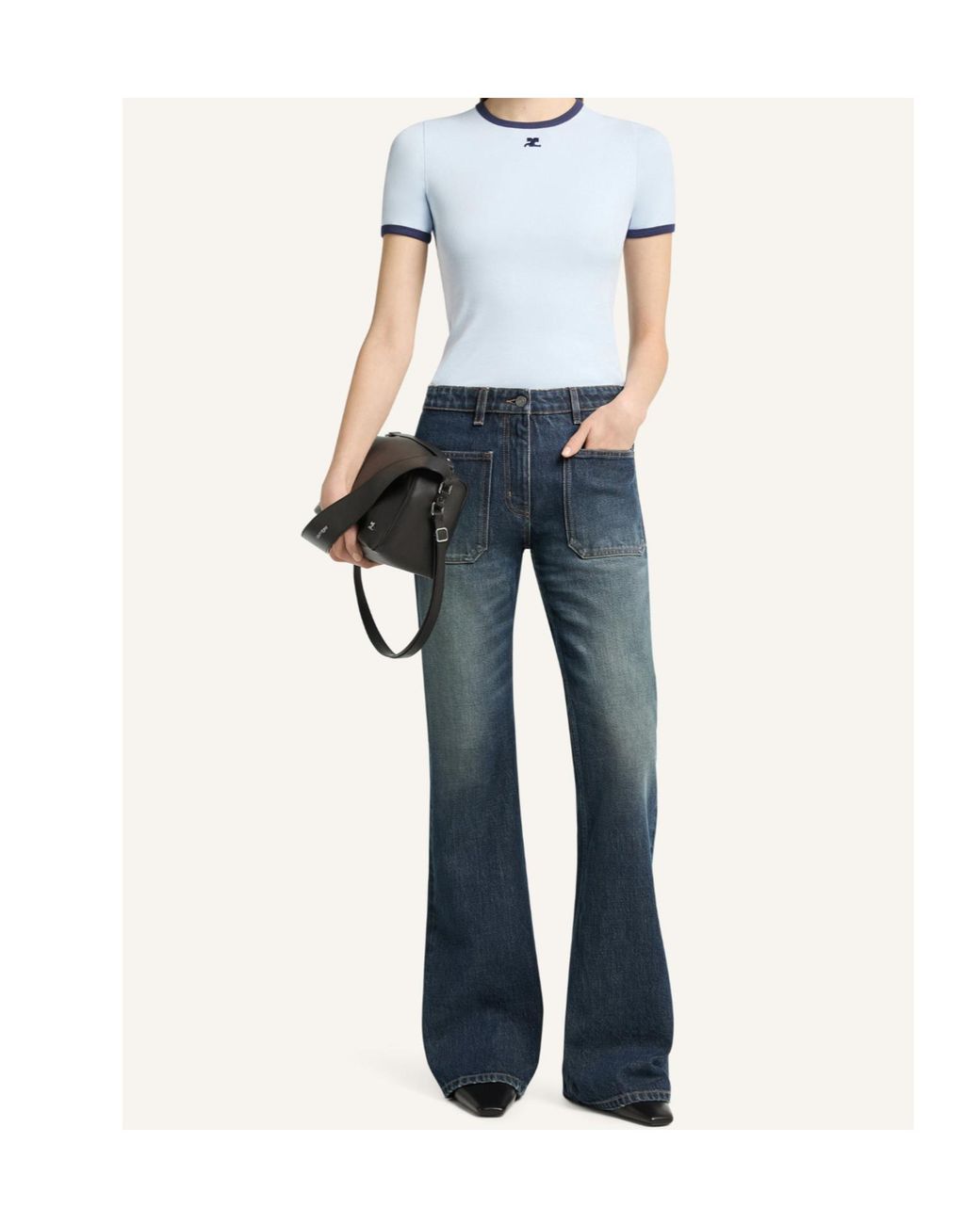 Courreges Blue Logo-Embroidered Contrast-Trim T-Shirt