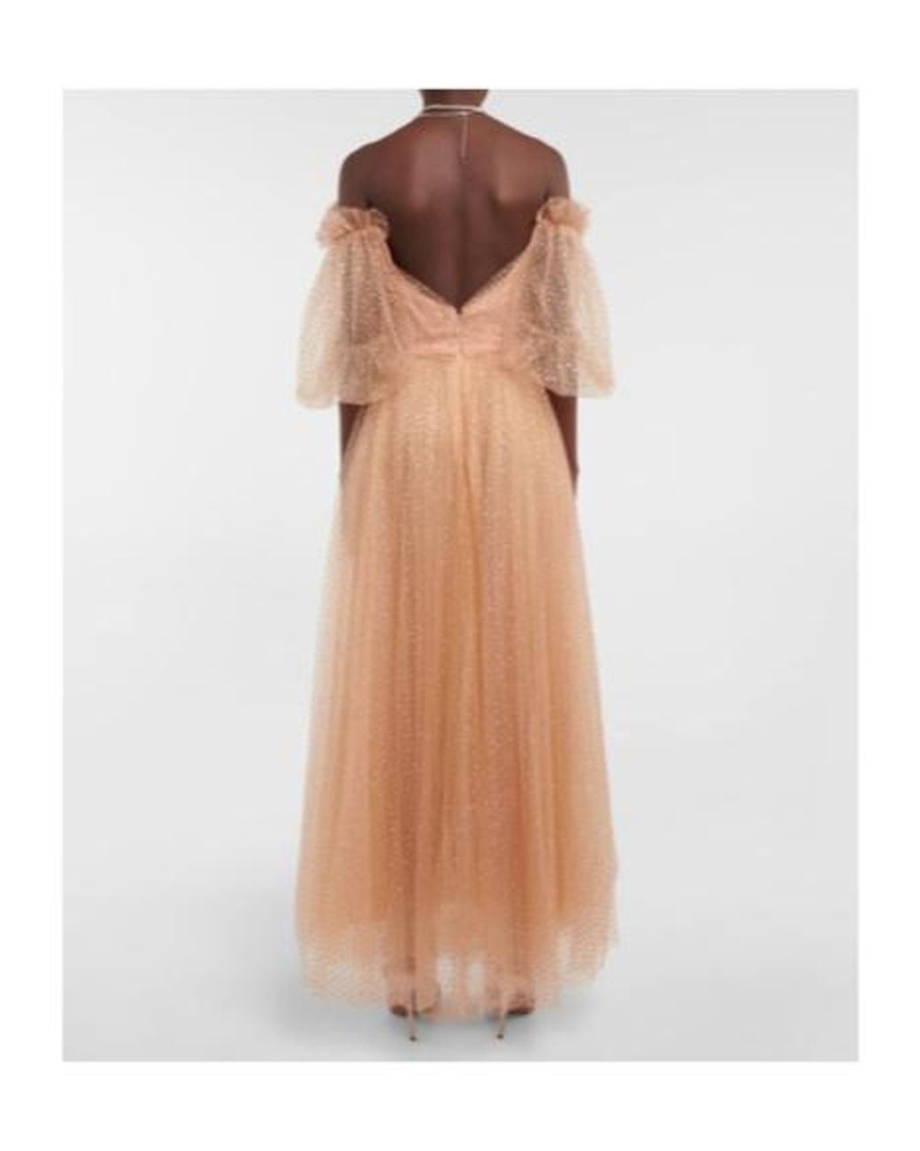 Monique Lhuillier Natural Embellished Tulle Off-Shoulder Gown