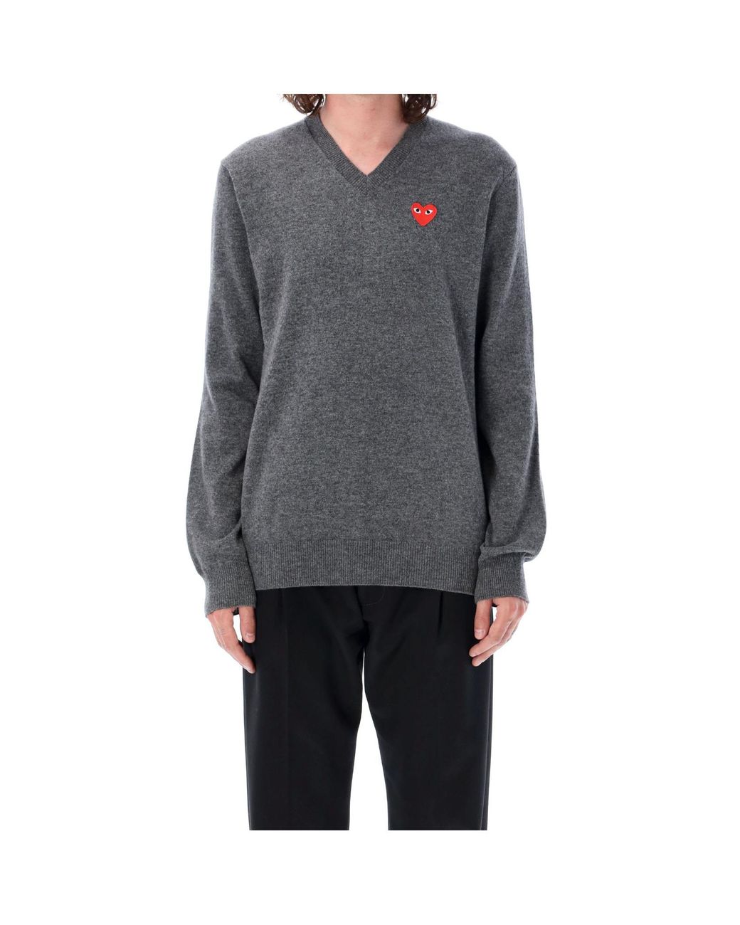 COMME DES GARÇONS PLAY Gray Comme Des Garçons Play Heart Embroidered V-Neck Jumper for men