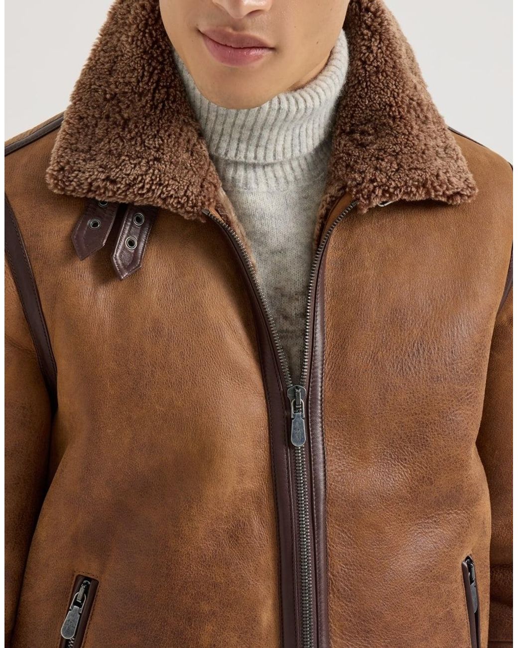 Brunello Cucinelli Brown Vintage-Effect Shearling Aviator Jacket for men