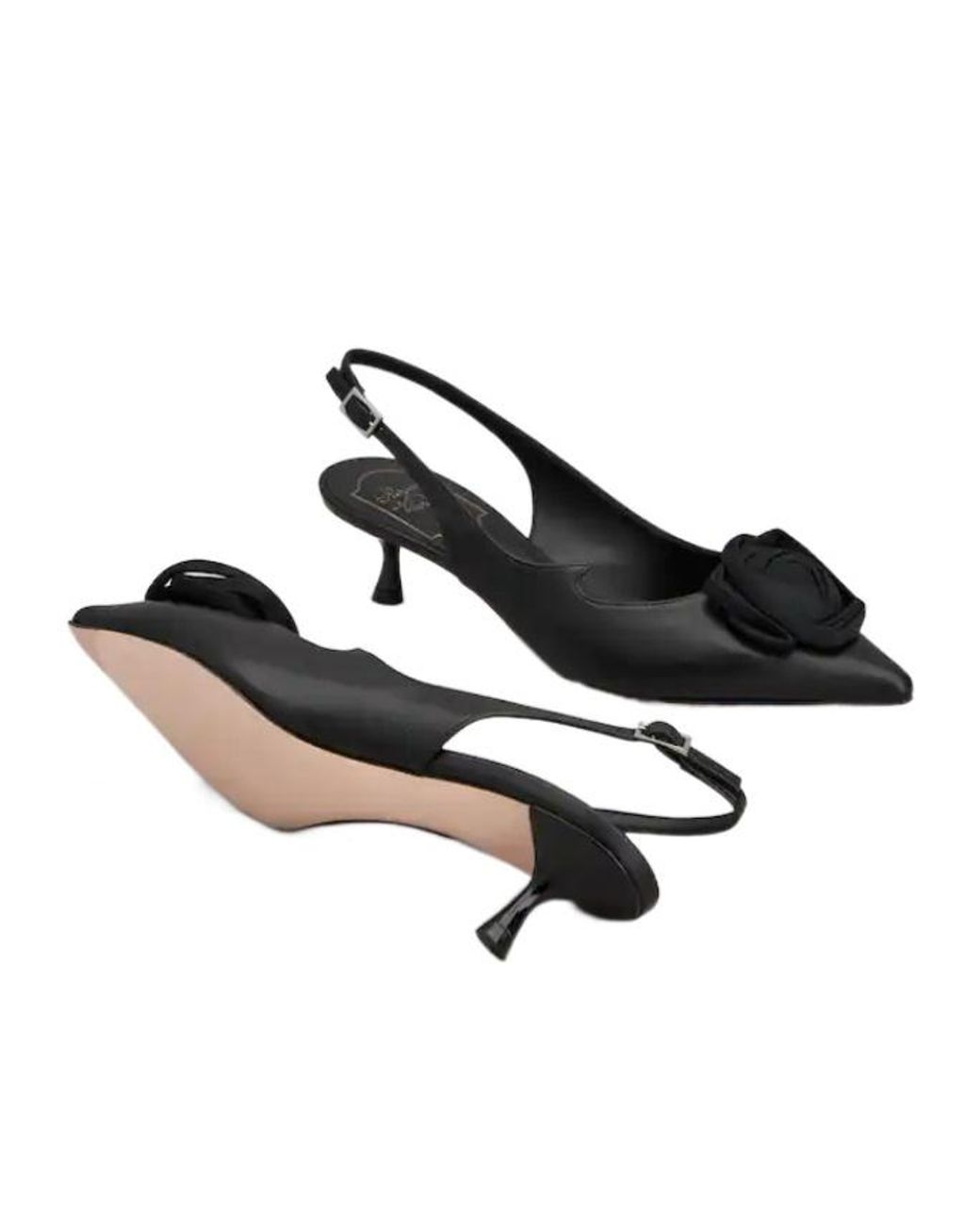 Roger Vivier Black Rose Embellished Pointed Toe Slingback Pumps