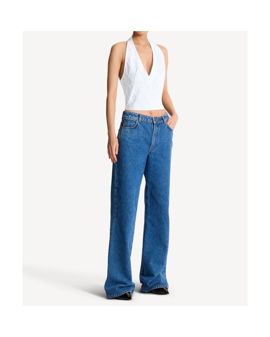 Balmain White Quilted Knit Halterneck Top