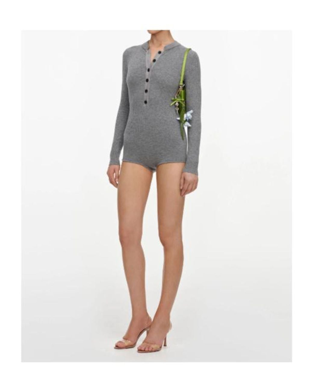 Self-Portrait Gray Ribbed Button Long-Sleeve Bodysuit