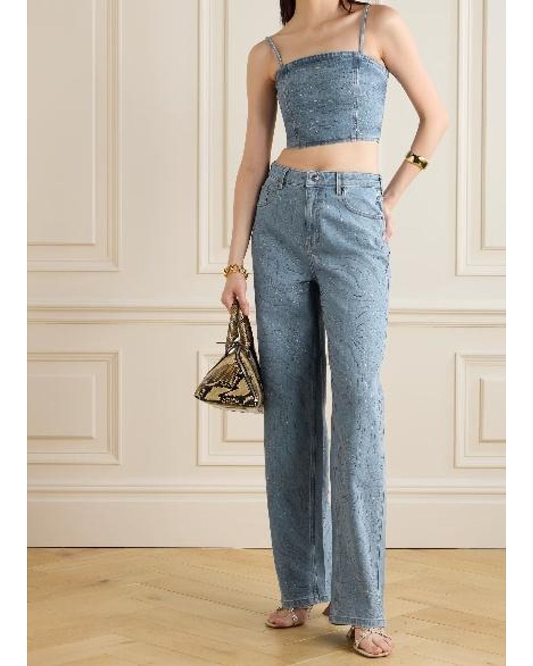 ROTATE BIRGER CHRISTENSEN Blue Cropped Sequined Denim Top