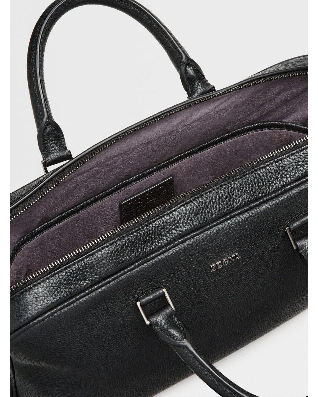Zegna Black Edgy Logo-Lettering Leather Briefcase for men