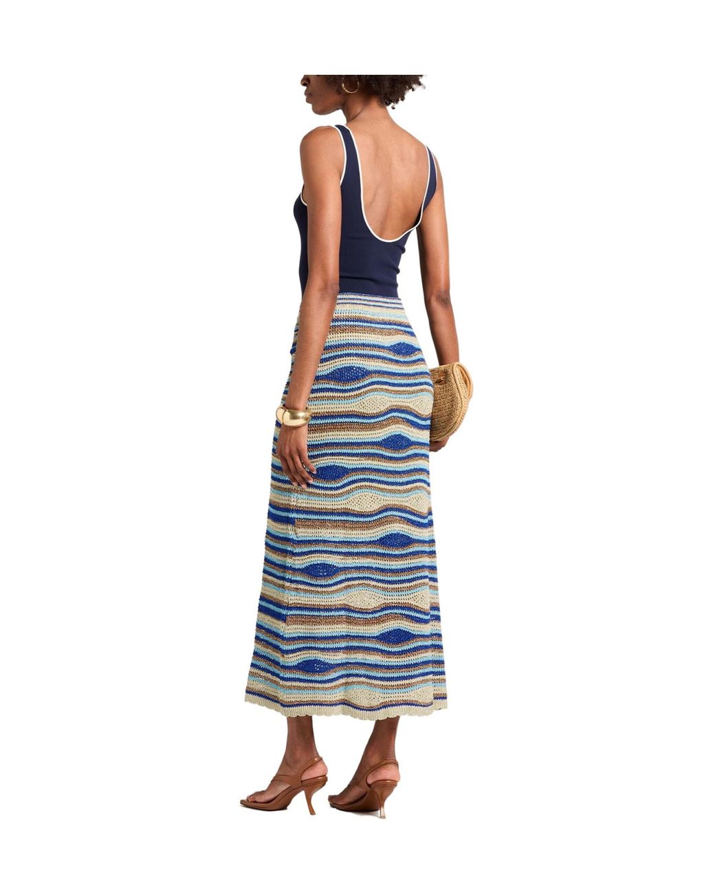 Farm Rio Blue Striped Metal-Panel A-Line Midi Skirt