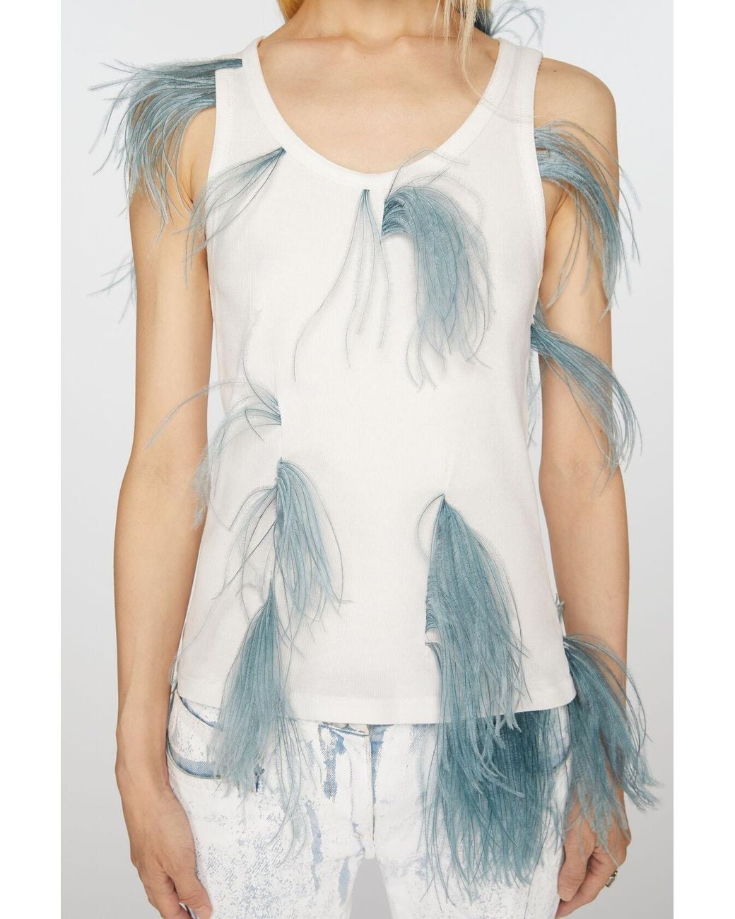 Acne Blue Feather-Detailing Ribbed Tank Top