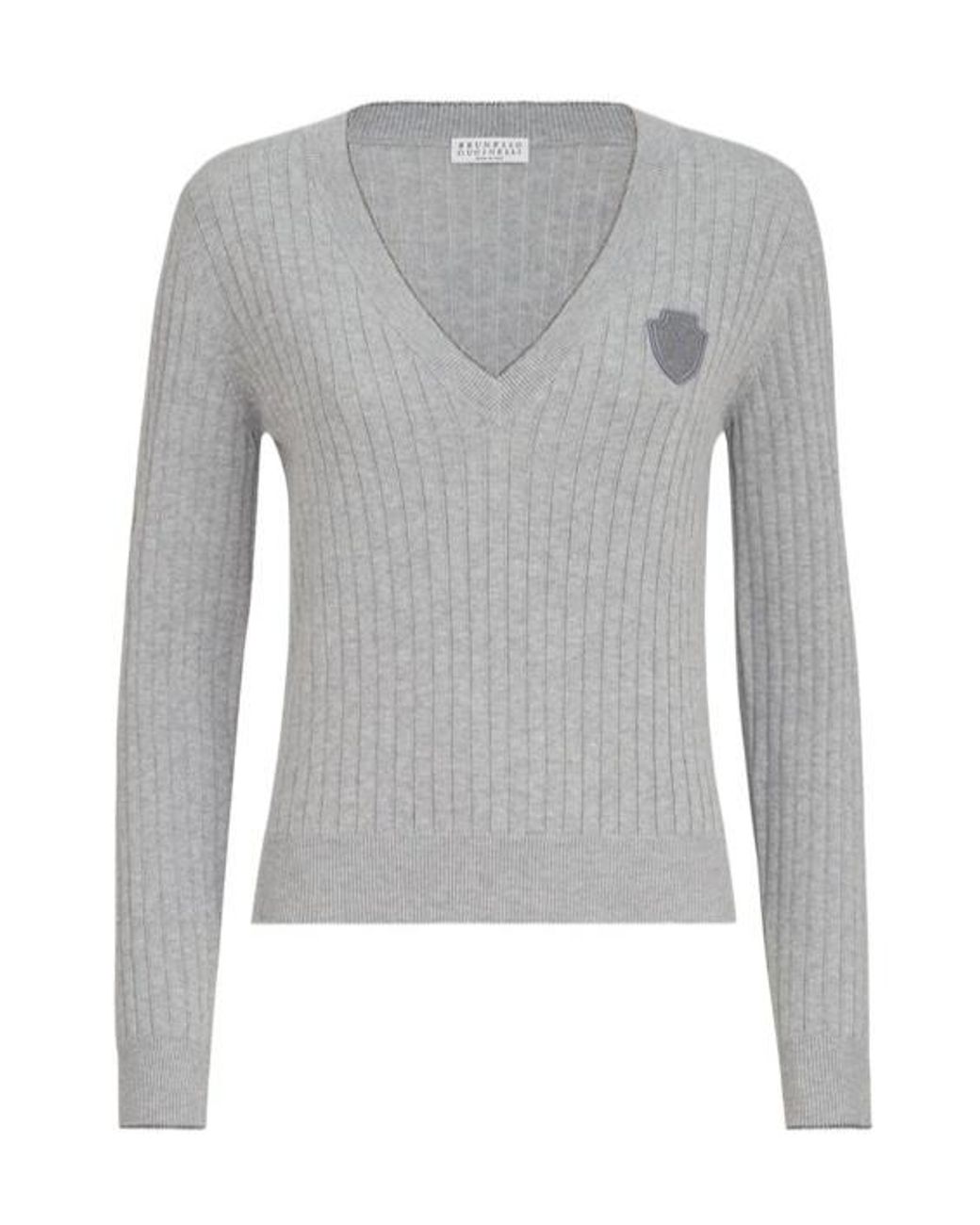 Brunello Cucinelli Gray Cotton Ribbed V-Neck Sweater