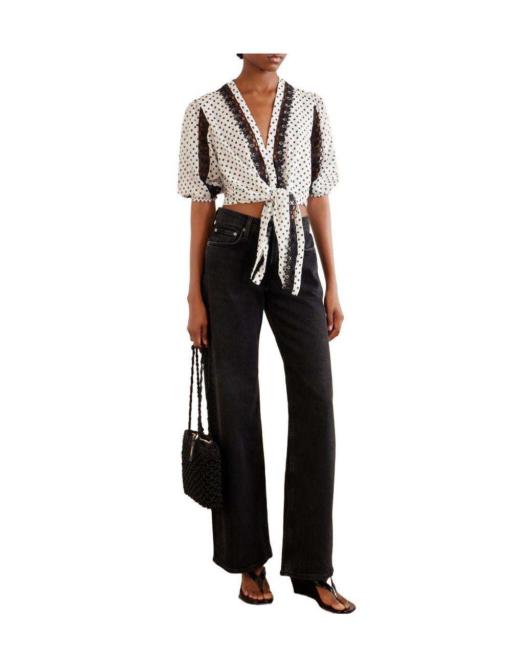 Charo Ruiz White Knotted Guipure Lace-Trimmed Polka-Dot Cotton-Blend Voile Blouse