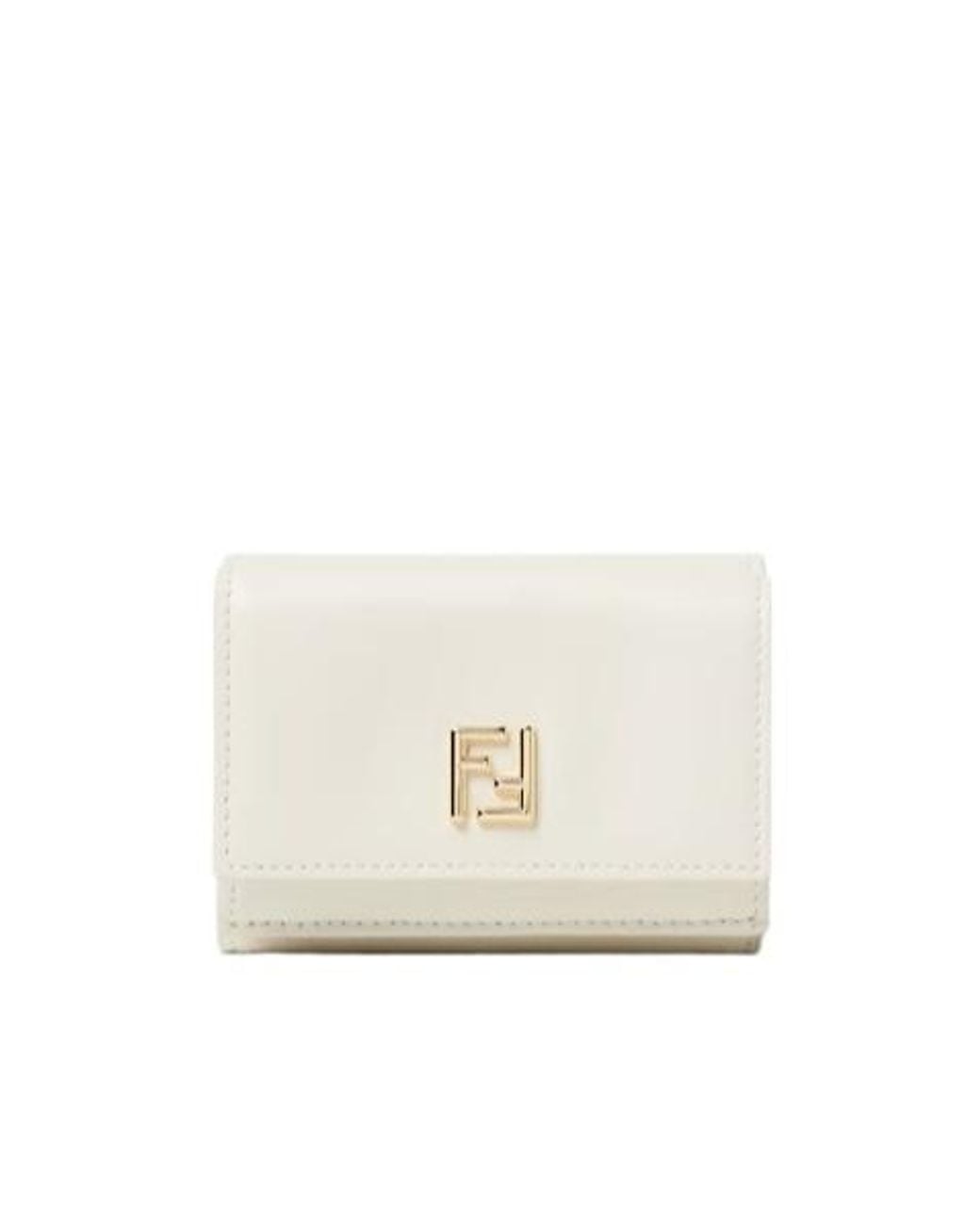 Fendi White Ff Mini Trifold Parchment-Coloured Leather Wallet