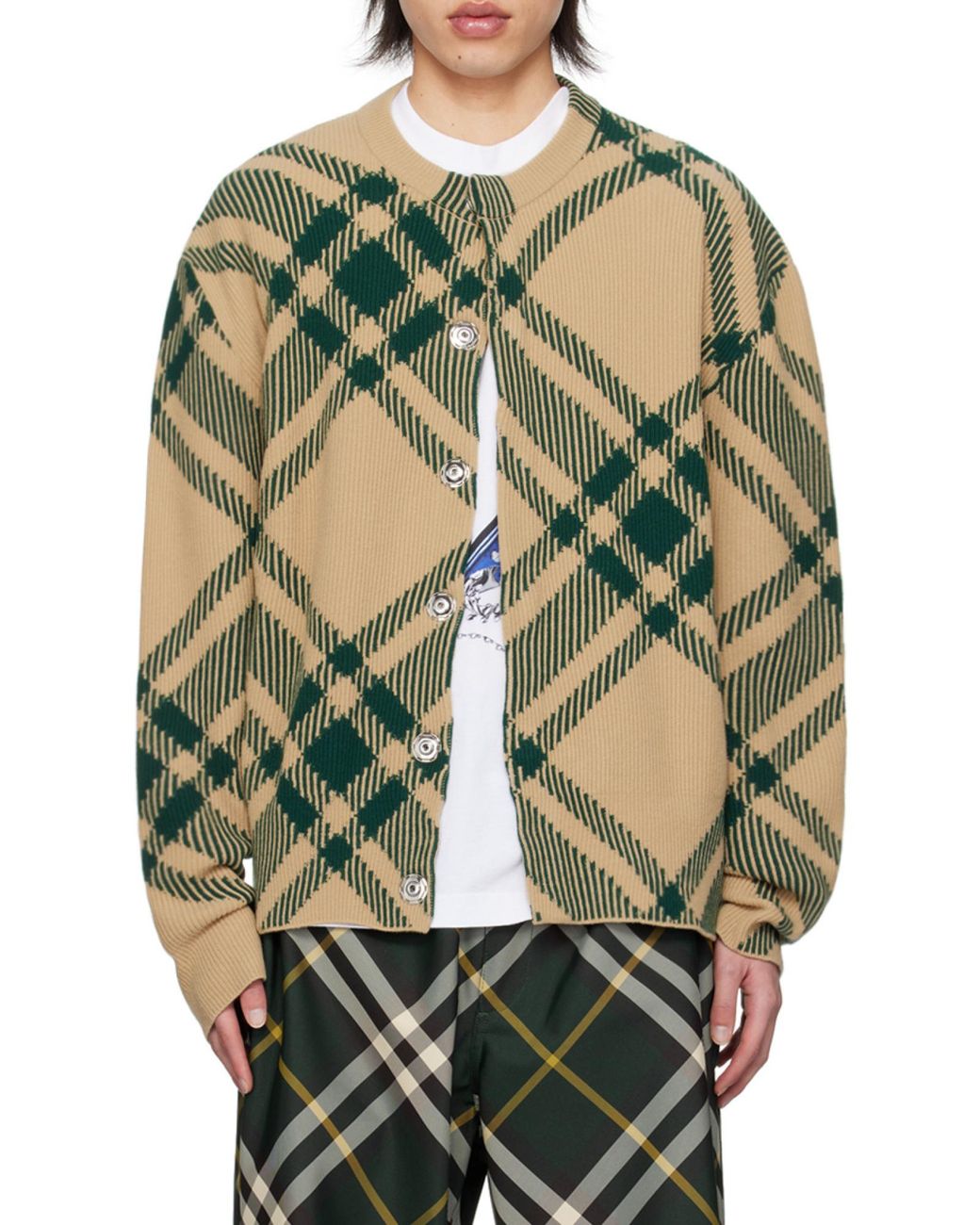 Burberry Green Checkered Intarsia Knit Crewneck Cardigan for men