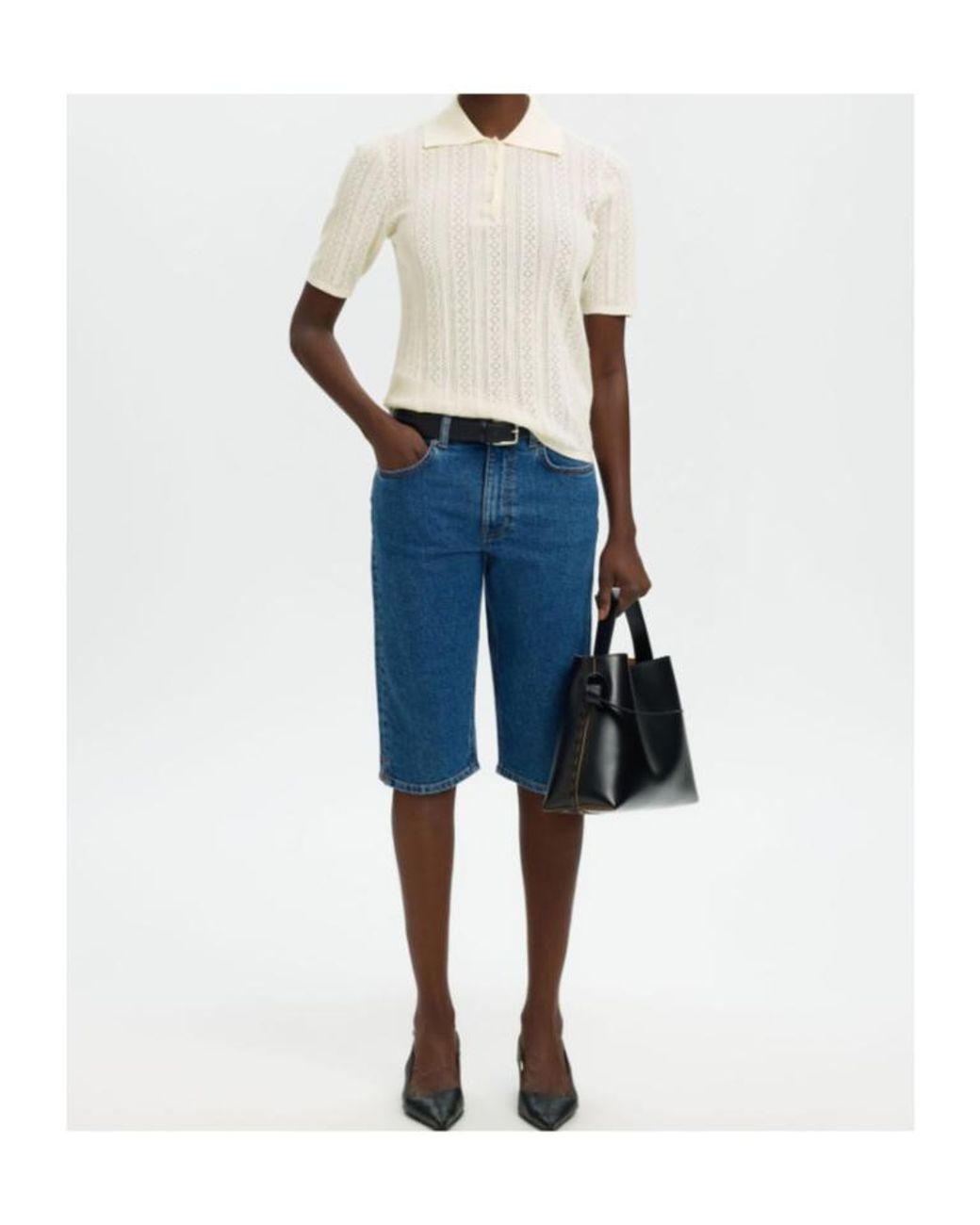 SELECTED White Openwork Knit Polo Top