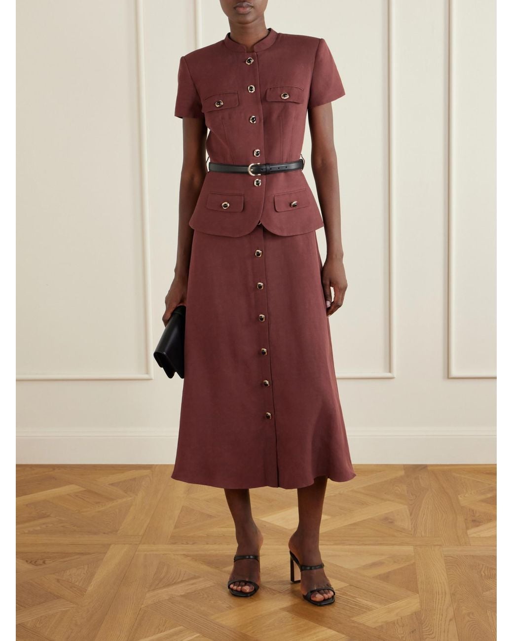 Self-Portrait Red Belted Peplum-Waist Midi Dress