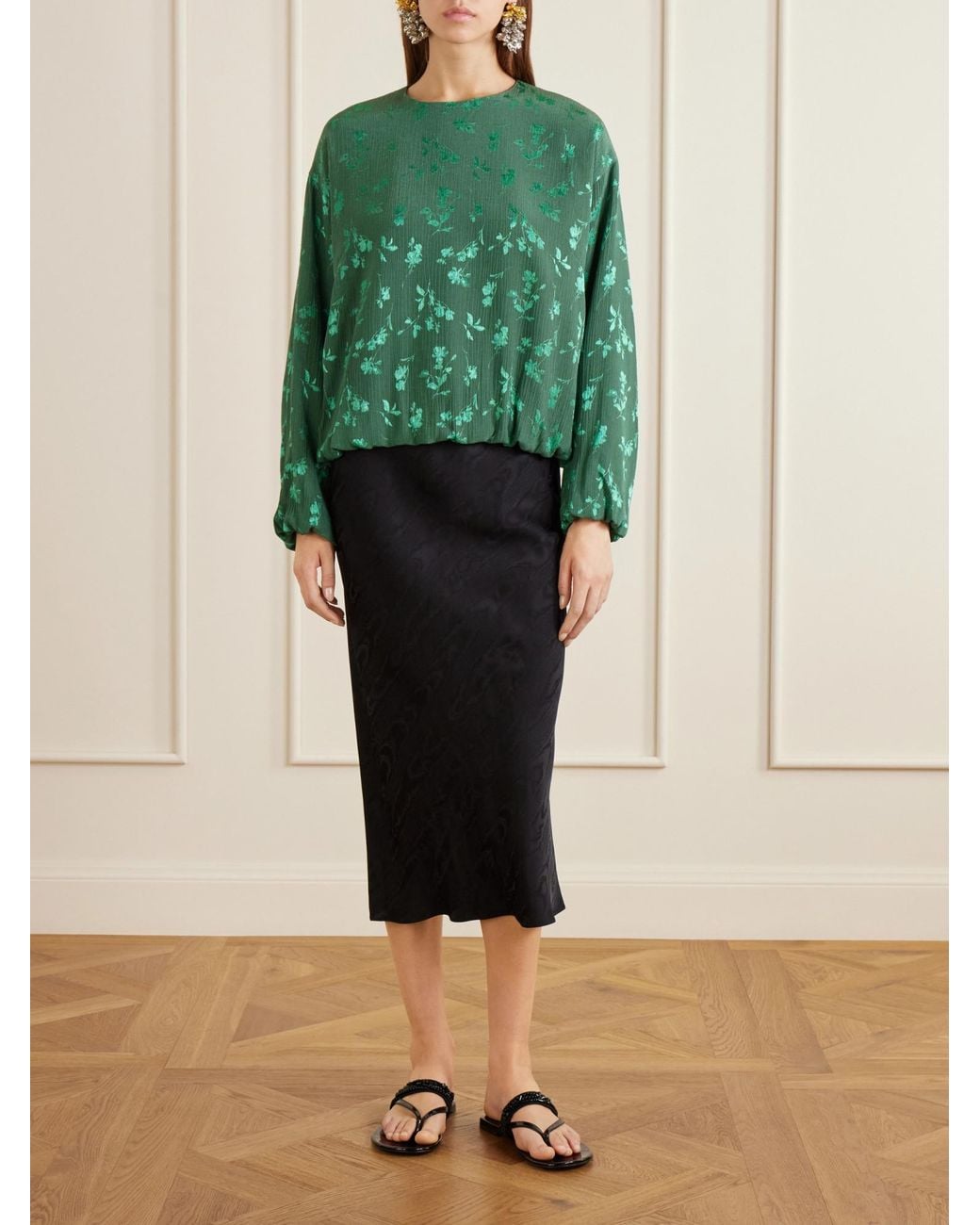 Dries Van Noten Green Floral-Jacquard Cloqué Blouse
