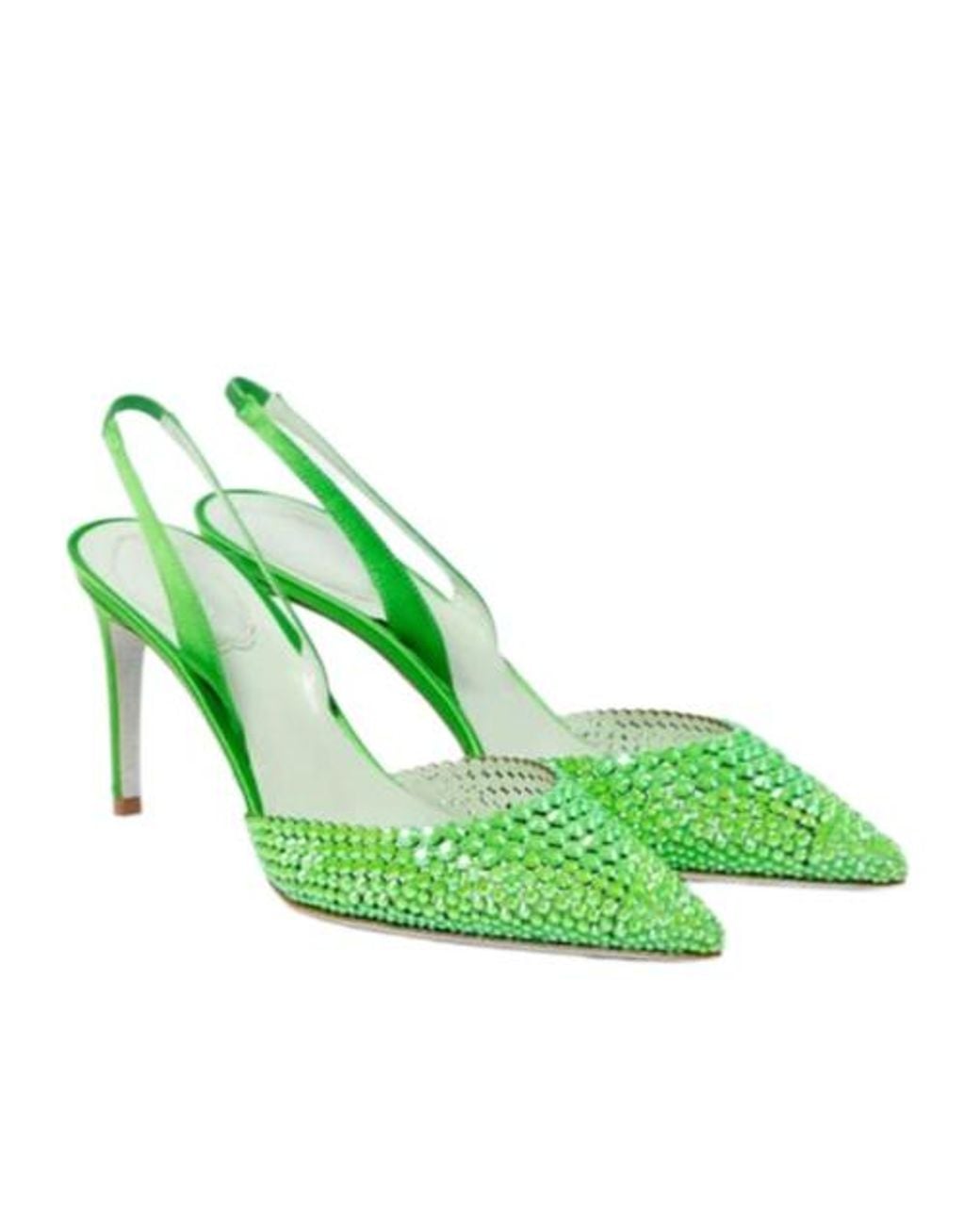 Rene Caovilla Green Embellished Satin Slingback Pumps