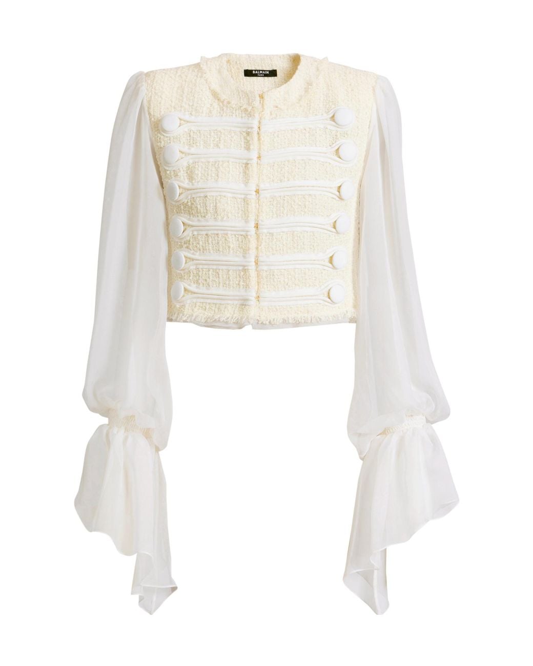 Balmain White Cropped Sheer-Sleeve Blazer