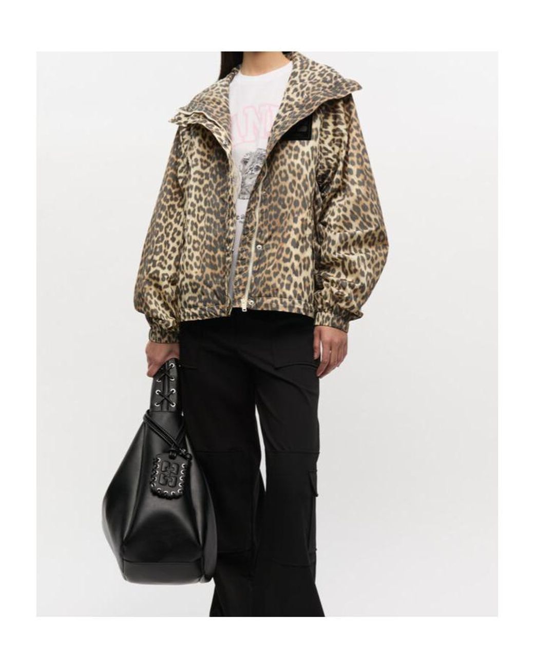 Ganni Natural Leopard Print Hooded Jacket
