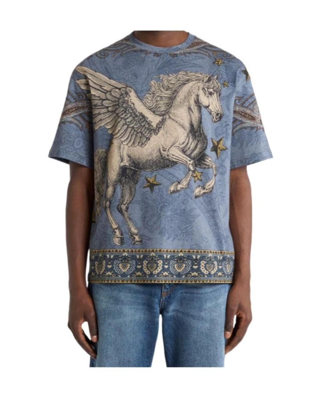 Etro Blue Cotton Jersey T-Shirt With Placed Pegaso Print for men