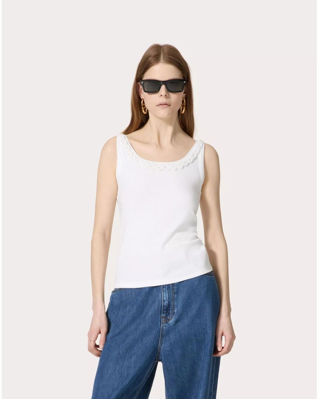 Valentino White Embellished-Trim Straight Hem Top